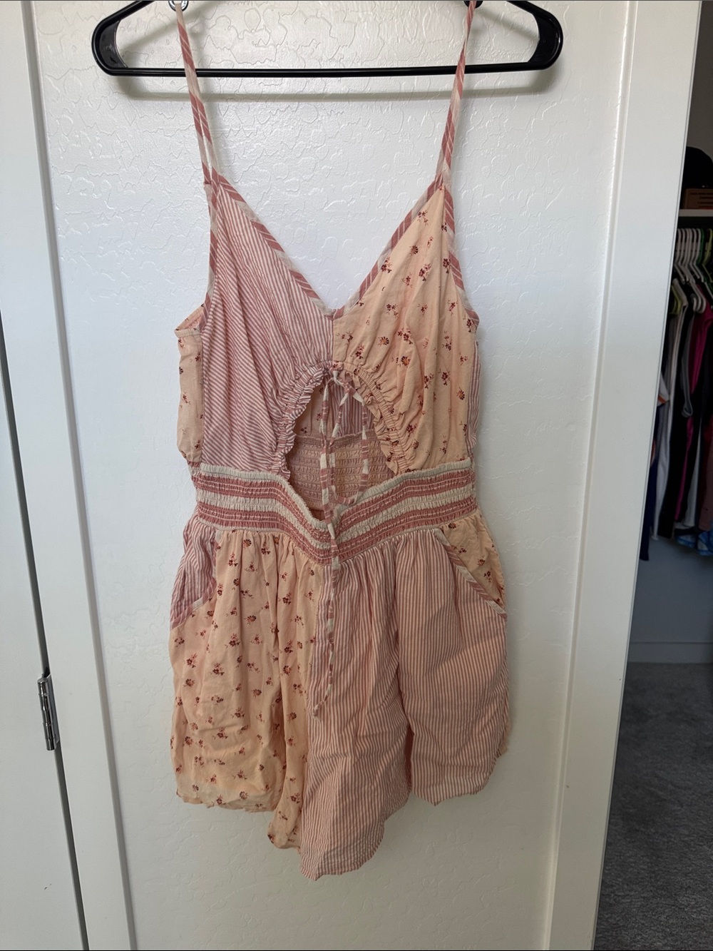 American Eagle Outfitters Pink Mixed-Print Romper with Cutout